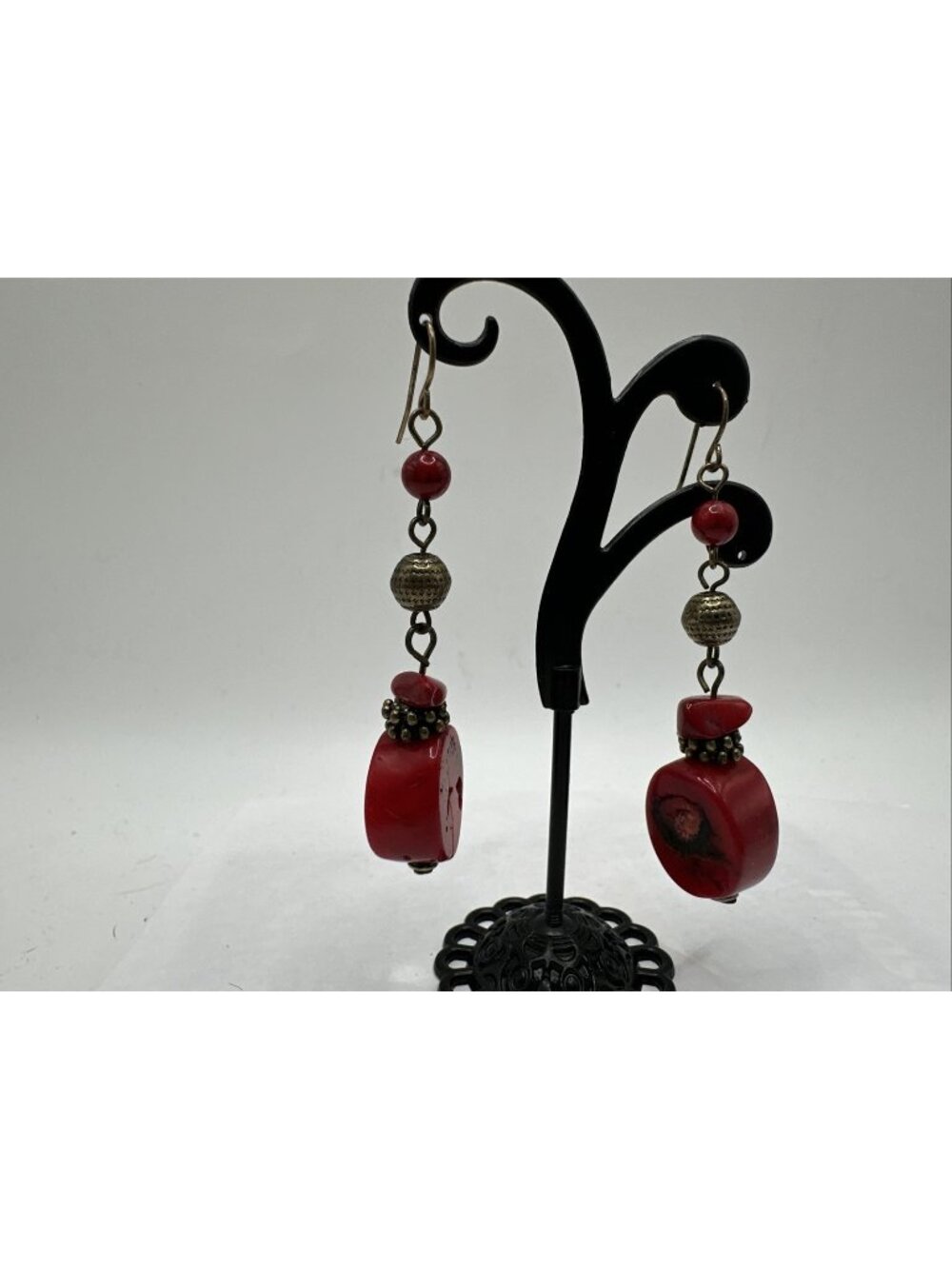 vintage red coral chunky dangle earrings brass tone metal 2.75"